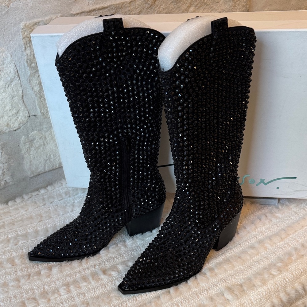 Betsey Johnson Black Crystal-Embellished Knee-High Western Boots - Picture 4 of 16